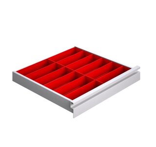 12 kunststof inzetbakjes, voor lade 75mm. hoog.
